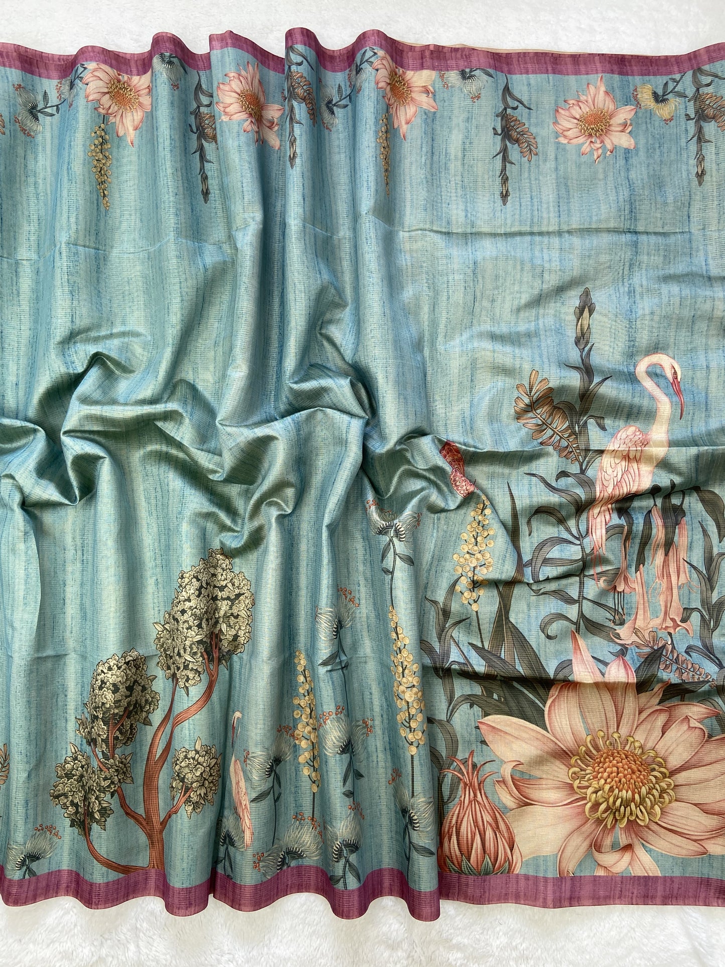 Soft Tussar Silk Saree with Zari Lines &amp; Printed Blouse