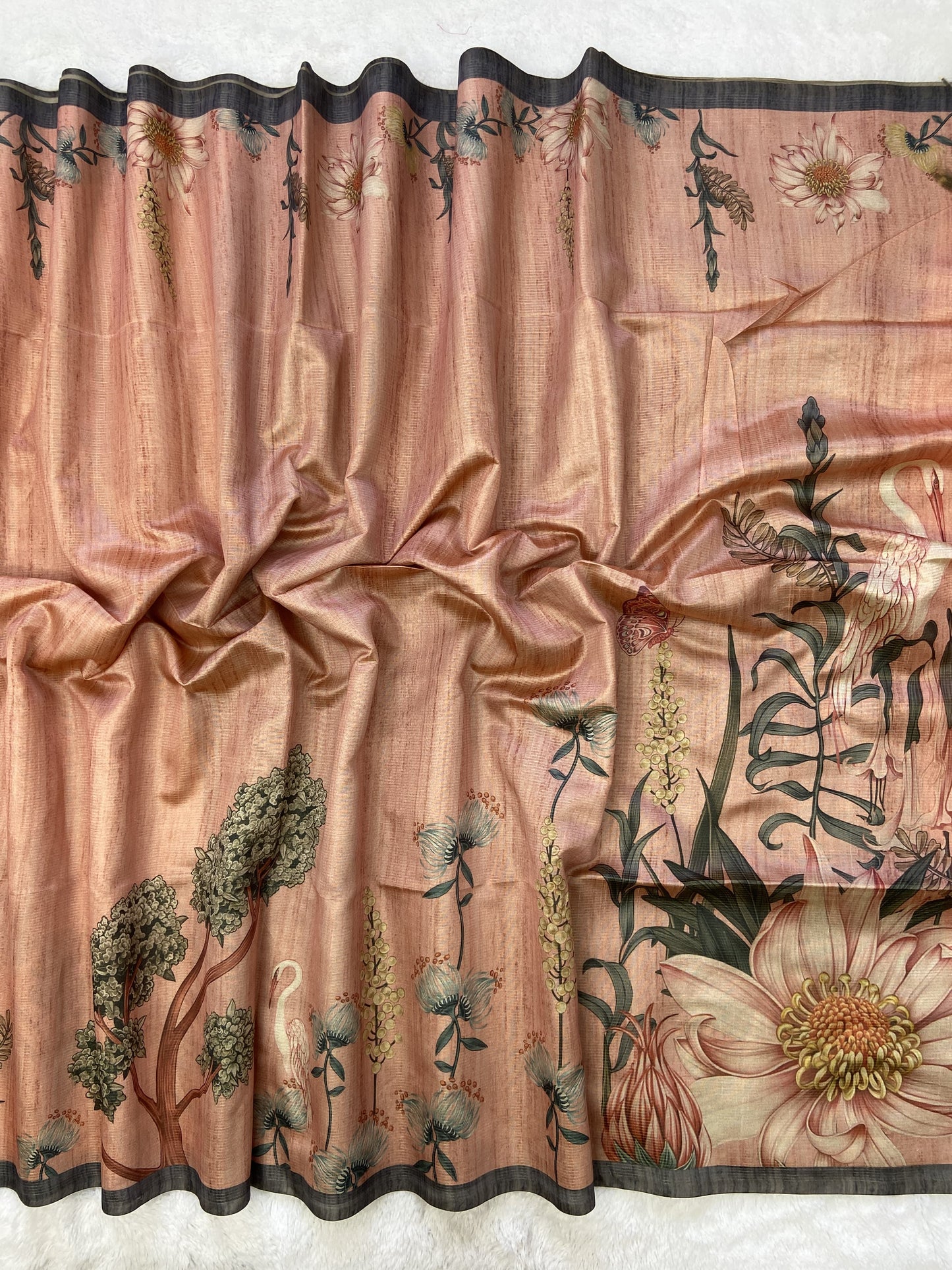 Soft Tussar Silk Saree with Zari Lines &amp; Printed Blouse