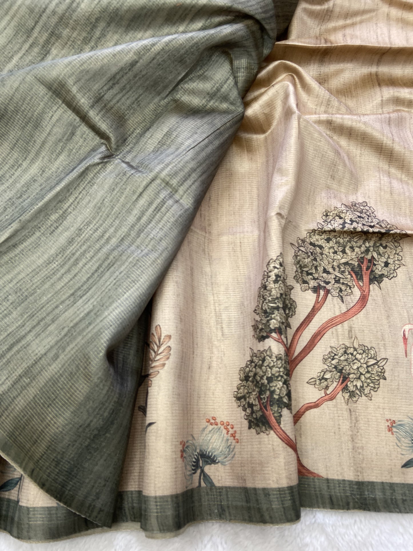 Soft Tussar Silk Saree with Zari Lines &amp; Printed Blouse