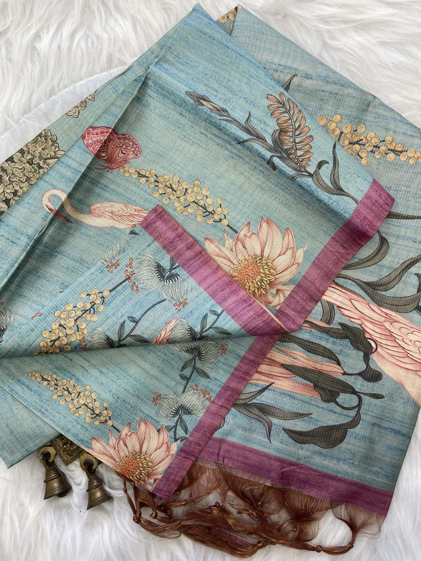 Soft Tussar Silk Saree with Zari Lines &amp; Printed Blouse