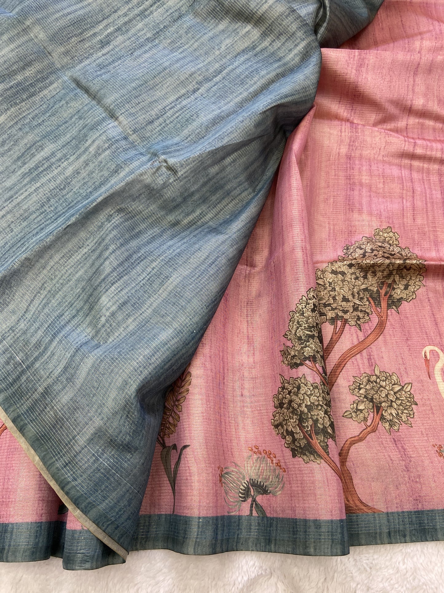 Soft Tussar Silk Saree with Zari Lines &amp; Printed Blouse