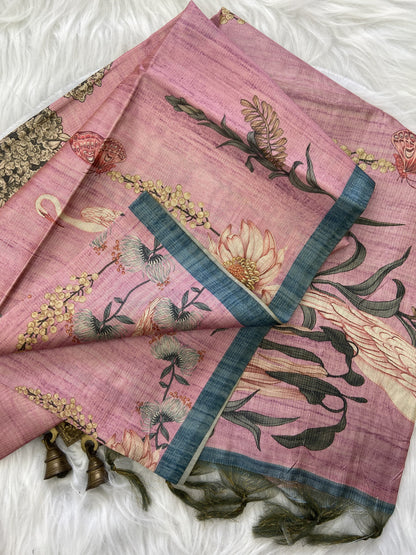 Soft Tussar Silk Saree with Zari Lines &amp; Printed Blouse