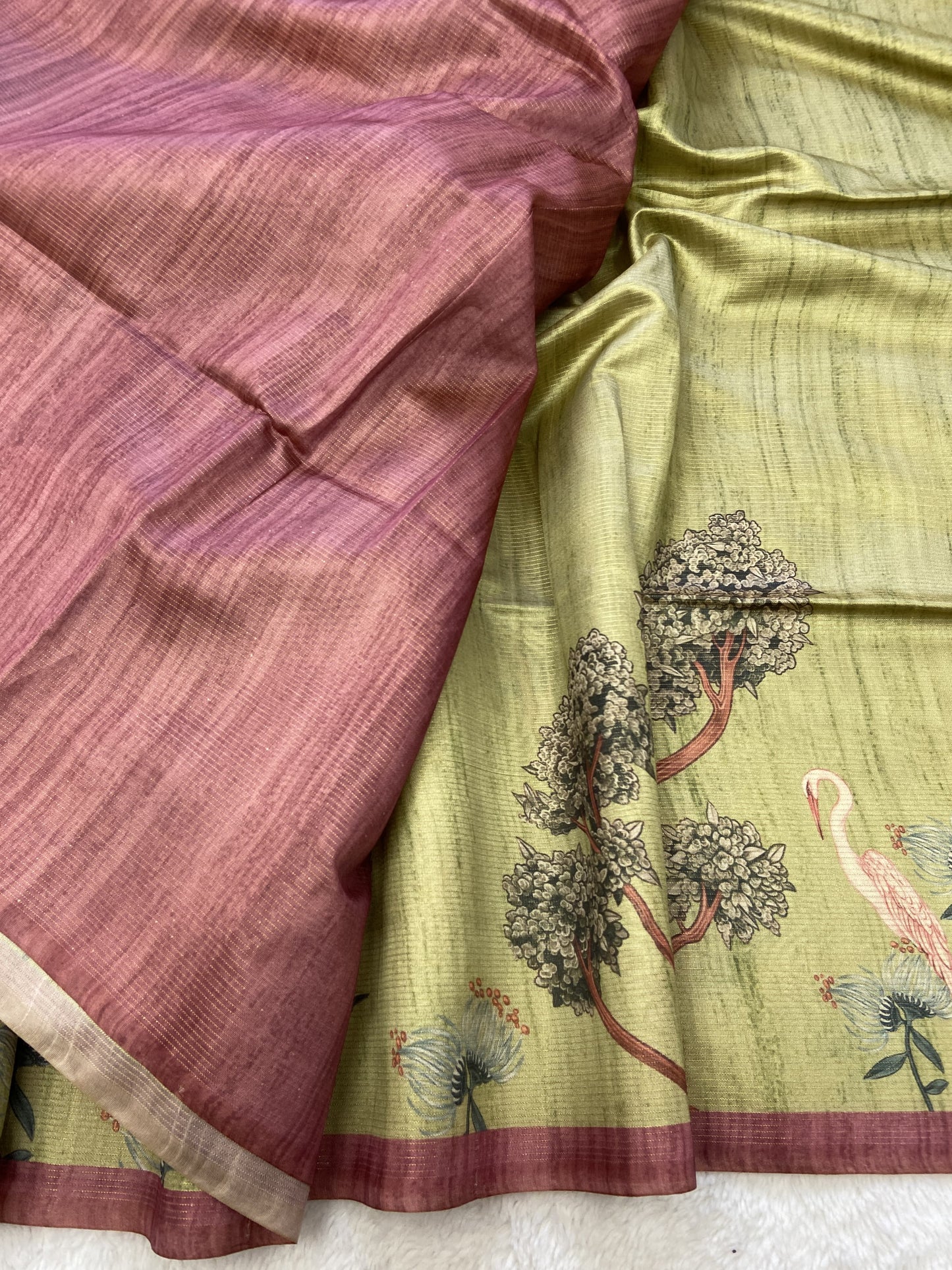 Soft Tussar Silk Saree with Zari Lines &amp; Printed Blouse
