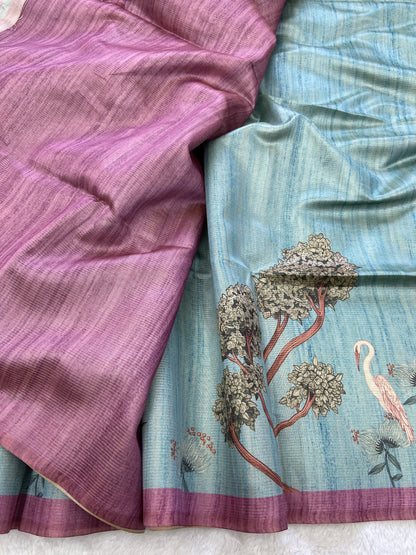 Soft Tussar Silk Saree with Zari Lines &amp; Printed Blouse