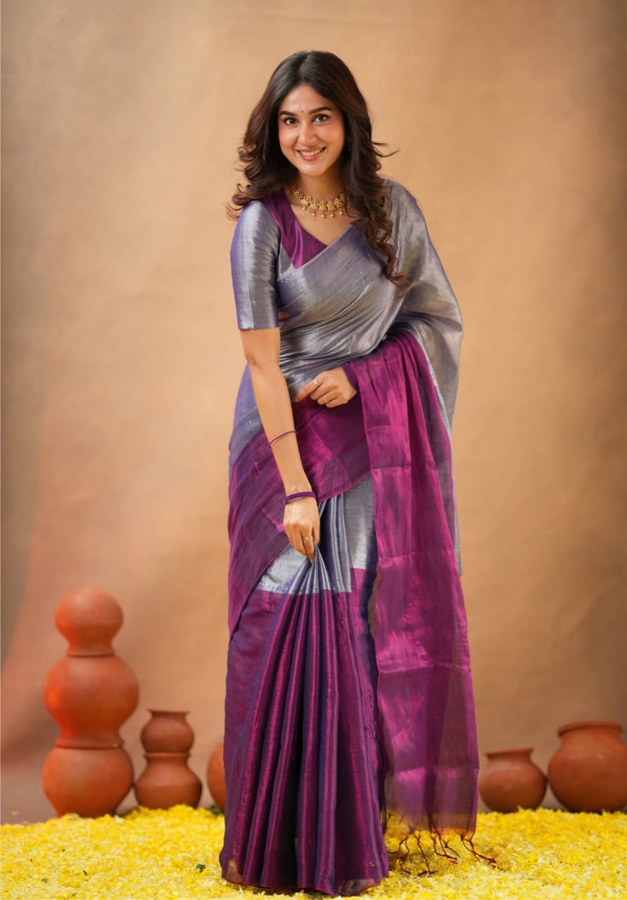 Elegance Redefined – Tissue Cotton Half & Half Saree