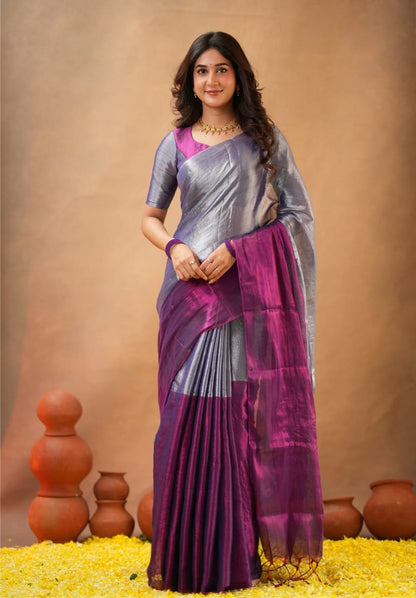Elegance Redefined – Tissue Cotton Half & Half Saree