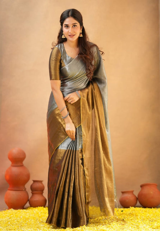 Elegance Redefined – Tissue Cotton Half & Half Saree