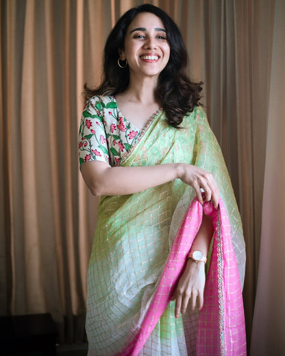 Tri-Color Zari Woven Chex Georgette Saree – Radiate Elegance in Every Hue