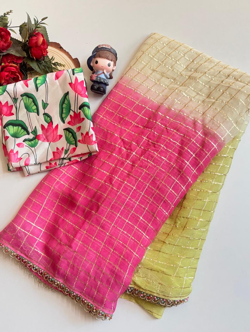 Tri-Color Zari Woven Chex Georgette Saree – Radiate Elegance in Every Hue