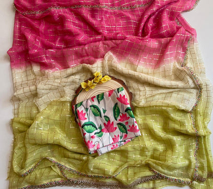 Tri-Color Zari Woven Chex Georgette Saree – Radiate Elegance in Every Hue