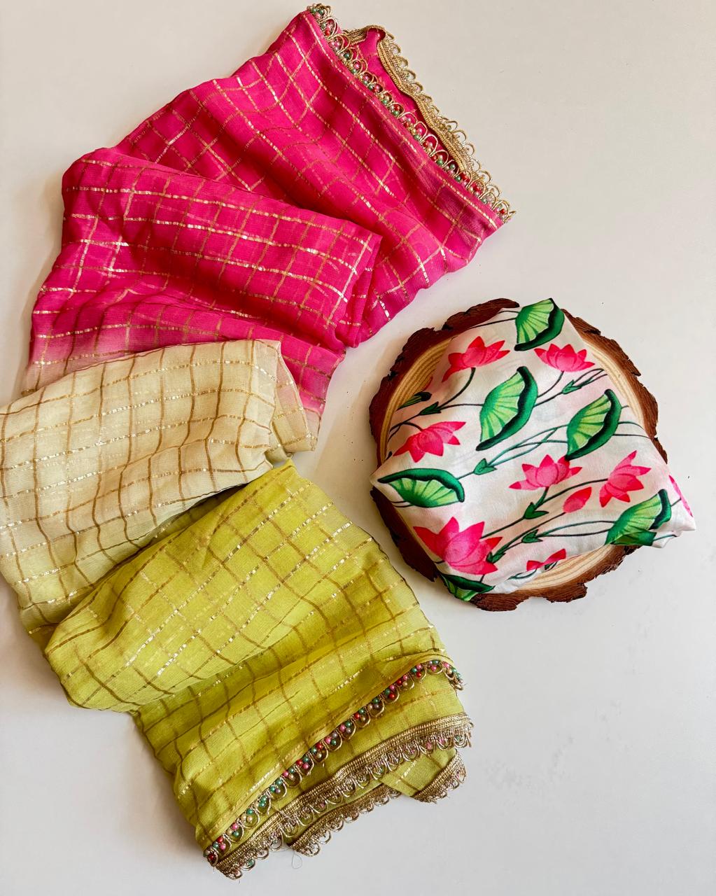 Tri-Color Zari Woven Chex Georgette Saree – Radiate Elegance in Every Hue