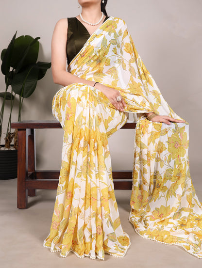 Petal Whisper – Floral Print Marble Saree with Pearl Lace Border | The Sareen