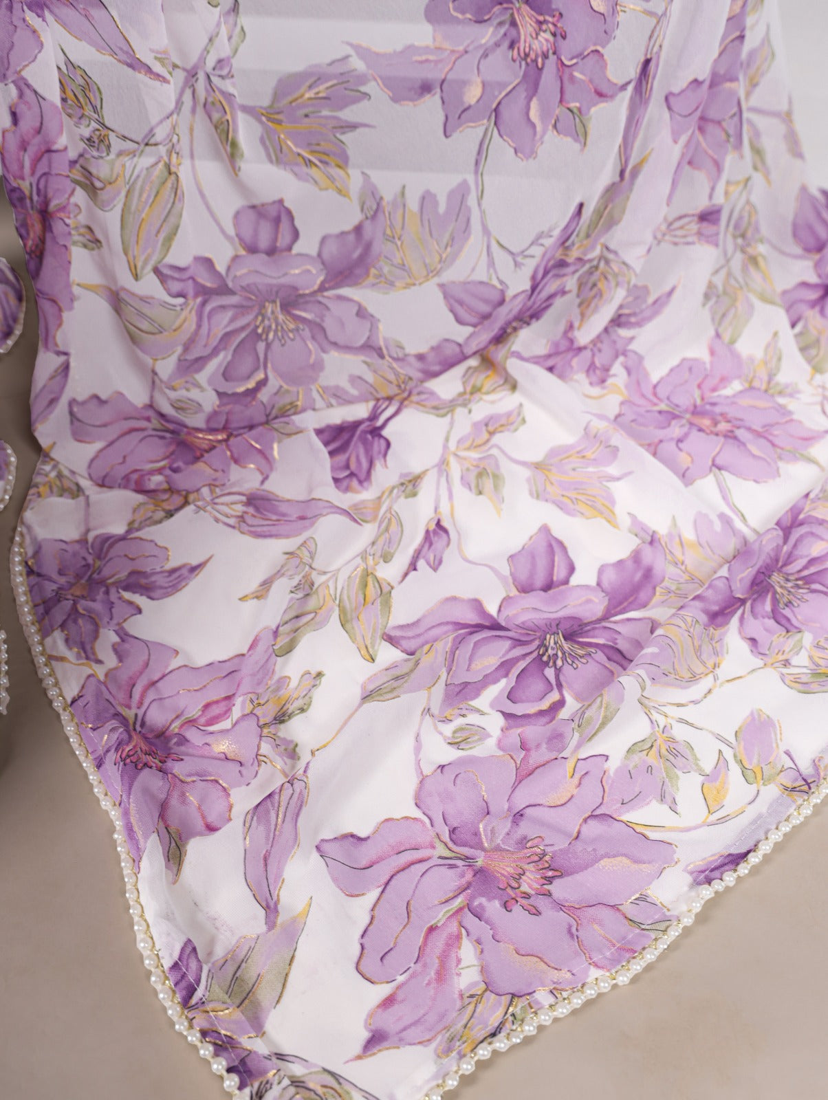 Petal Whisper – Floral Print Marble Saree with Pearl Lace Border | The Sareen