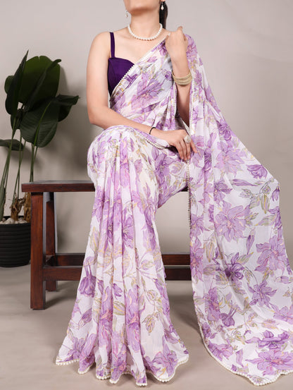Petal Whisper – Floral Print Marble Saree with Pearl Lace Border | The Sareen