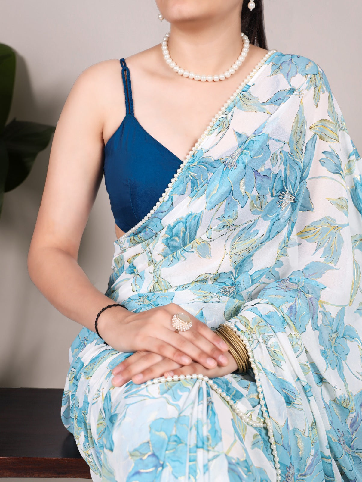 Petal Whisper – Floral Print Marble Saree with Pearl Lace Border | The Sareen