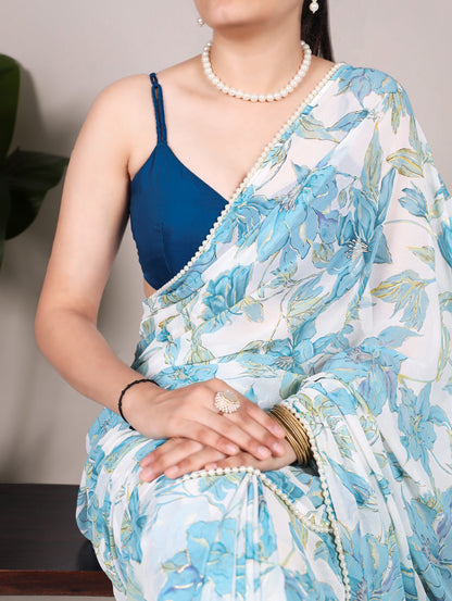 Petal Whisper – Floral Print Marble Saree with Pearl Lace Border | The Sareen