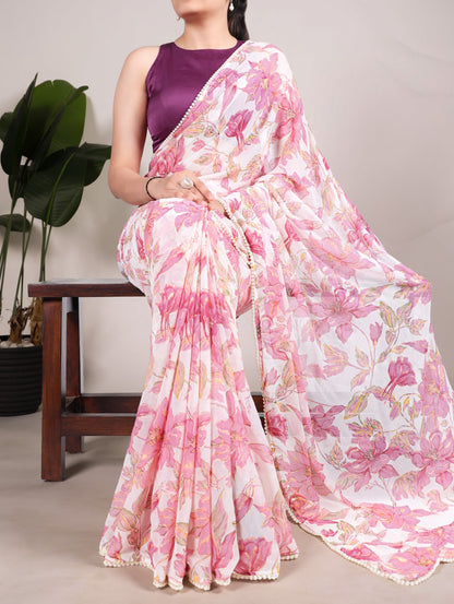 Petal Whisper – Floral Print Marble Saree with Pearl Lace Border | The Sareen