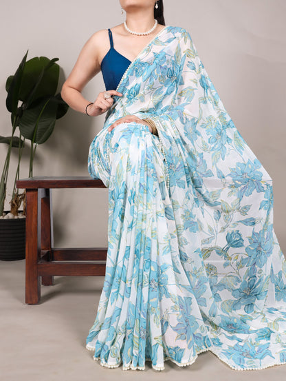 Petal Whisper – Floral Print Marble Saree with Pearl Lace Border | The Sareen