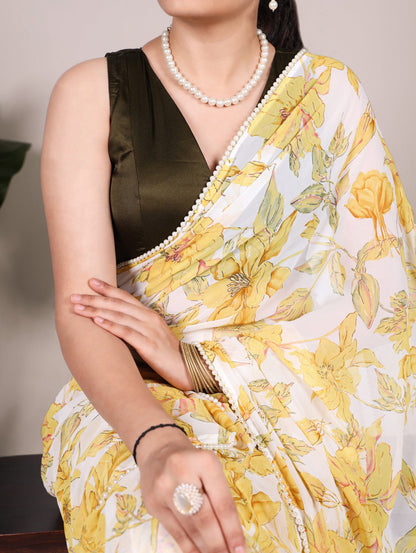 Petal Whisper – Floral Print Marble Saree with Pearl Lace Border | The Sareen