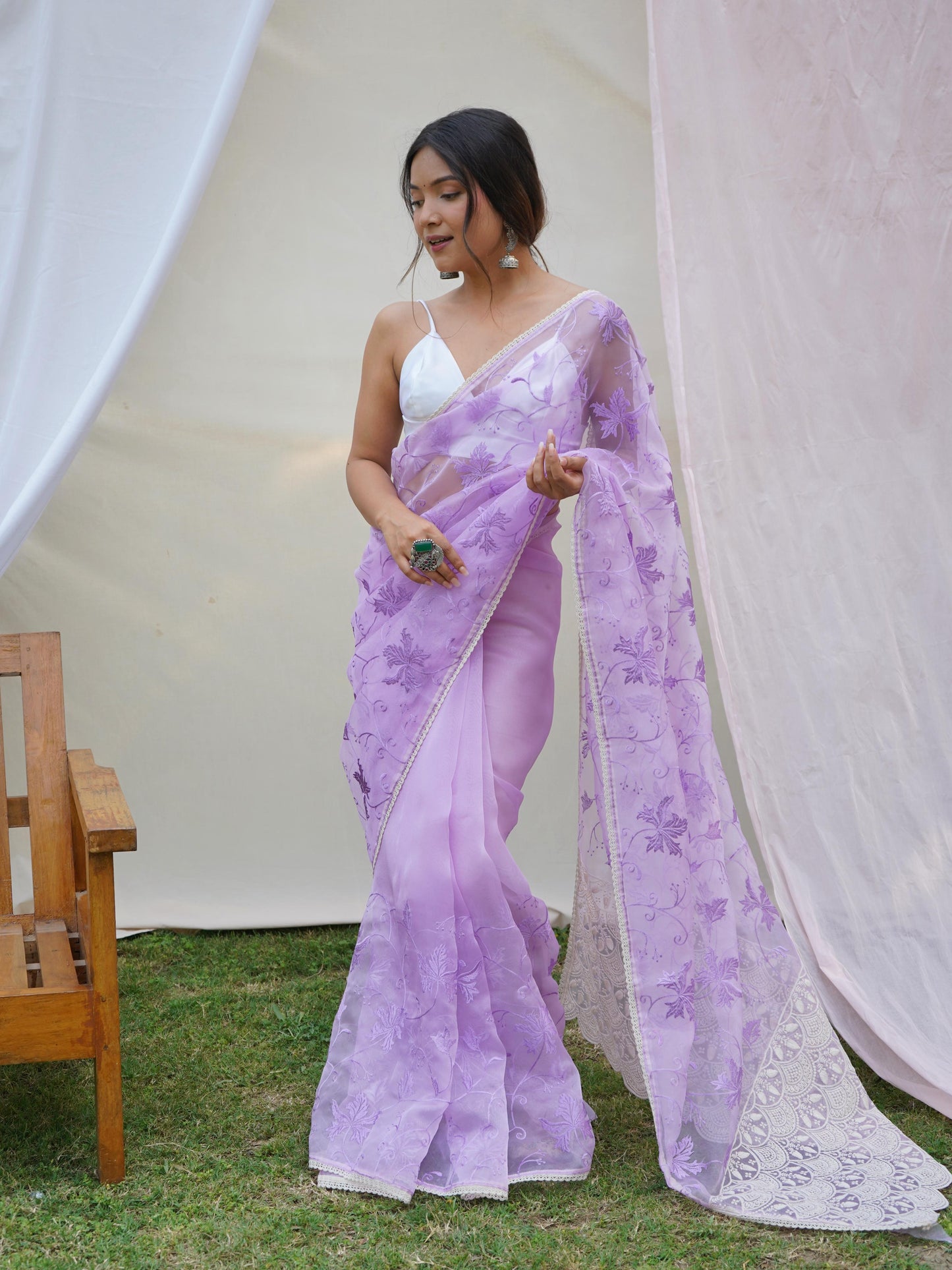 Ishaq – Elegant Lucknowi Organza Silk Saree with Viscose Thread Work | The Sareen Exclusive