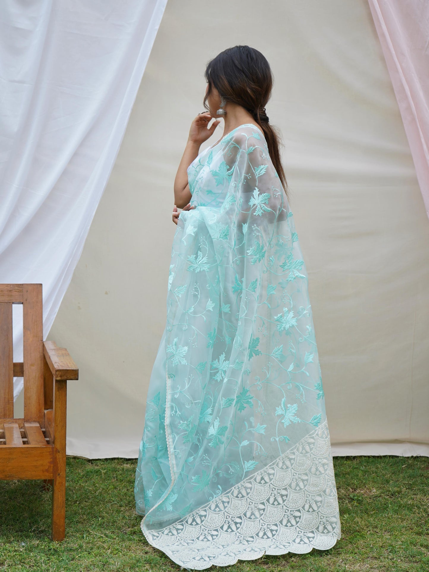 Ishaq – Elegant Lucknowi Organza Silk Saree with Viscose Thread Work | The Sareen Exclusive