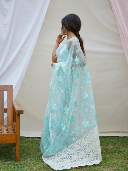 Ishaq – Elegant Lucknowi Organza Silk Saree with Viscose Thread Work | The Sareen Exclusive