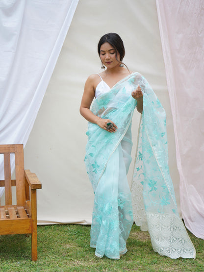 Ishaq – Elegant Lucknowi Organza Silk Saree with Viscose Thread Work | The Sareen Exclusive