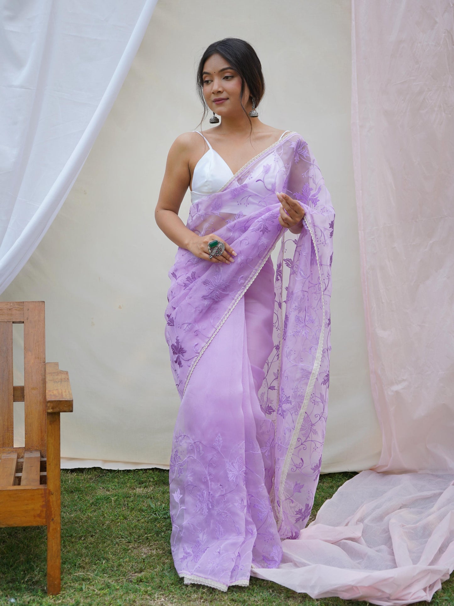 Ishaq – Elegant Lucknowi Organza Silk Saree with Viscose Thread Work | The Sareen Exclusive