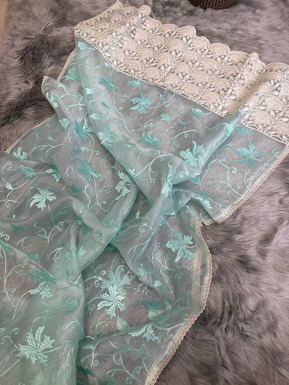 Ishaq – Elegant Lucknowi Organza Silk Saree with Viscose Thread Work | The Sareen Exclusive