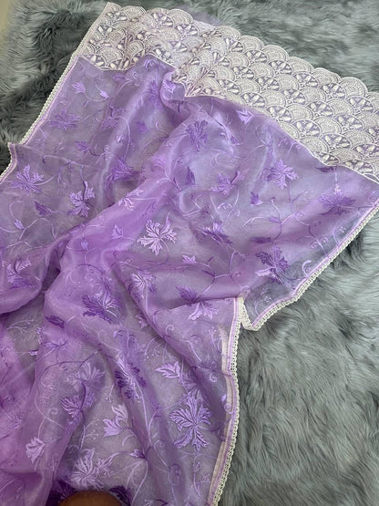 Ishaq – Elegant Lucknowi Organza Silk Saree with Viscose Thread Work | The Sareen Exclusive