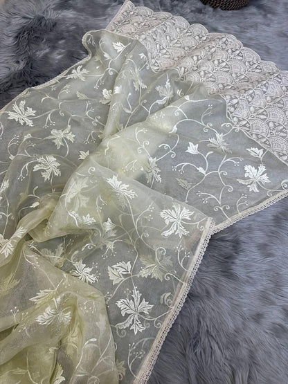 Ishaq – Elegant Lucknowi Organza Silk Saree with Viscose Thread Work | The Sareen Exclusive