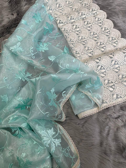 Ishaq – Elegant Lucknowi Organza Silk Saree with Viscose Thread Work | The Sareen Exclusive