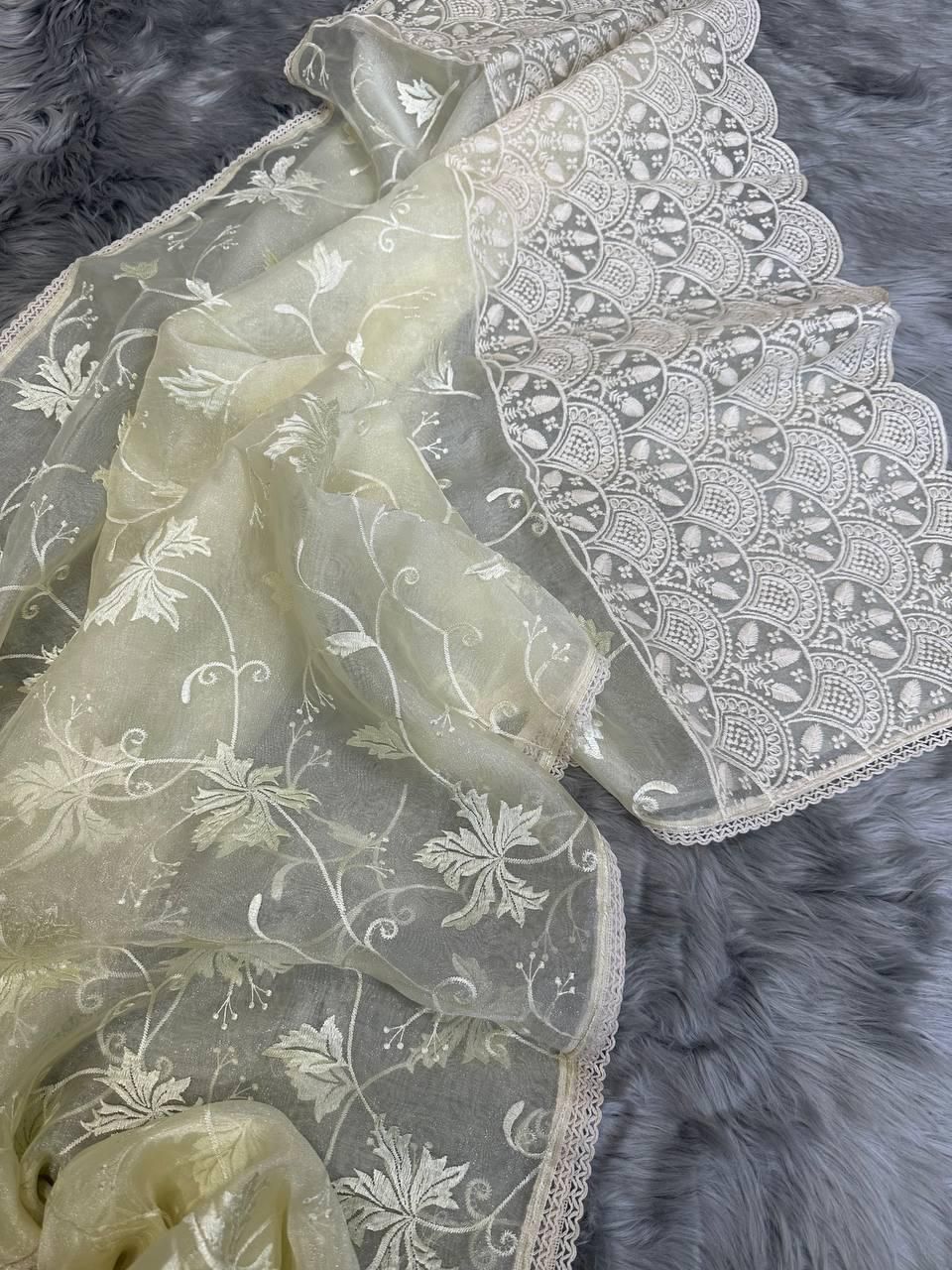 Ishaq – Elegant Lucknowi Organza Silk Saree with Viscose Thread Work | The Sareen Exclusive