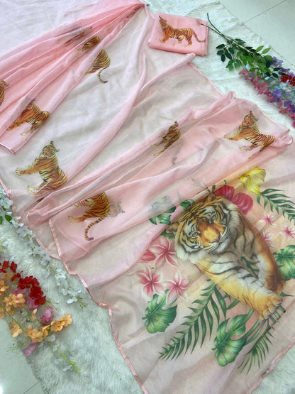 Elegant Ready-to-Wear Digital Print Taby Silk Saree | The Sareen Exclusive