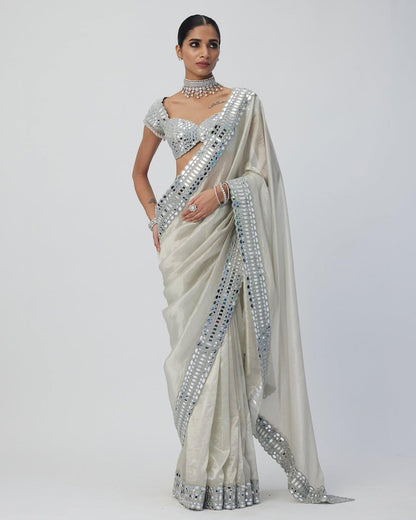Elegant Soft Satin Organza Saree with Real Mirror Work Embroidery & Stitched Blouse | The Sareen