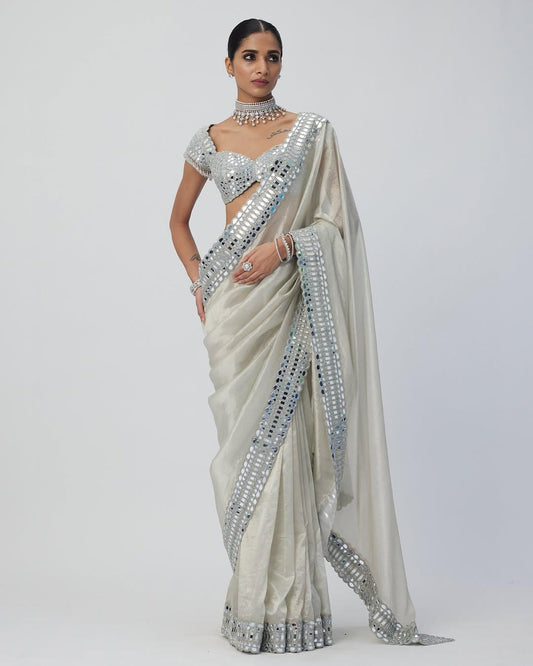 Elegant Soft Satin Organza Saree with Real Mirror Work Embroidery & Stitched Blouse | The Sareen