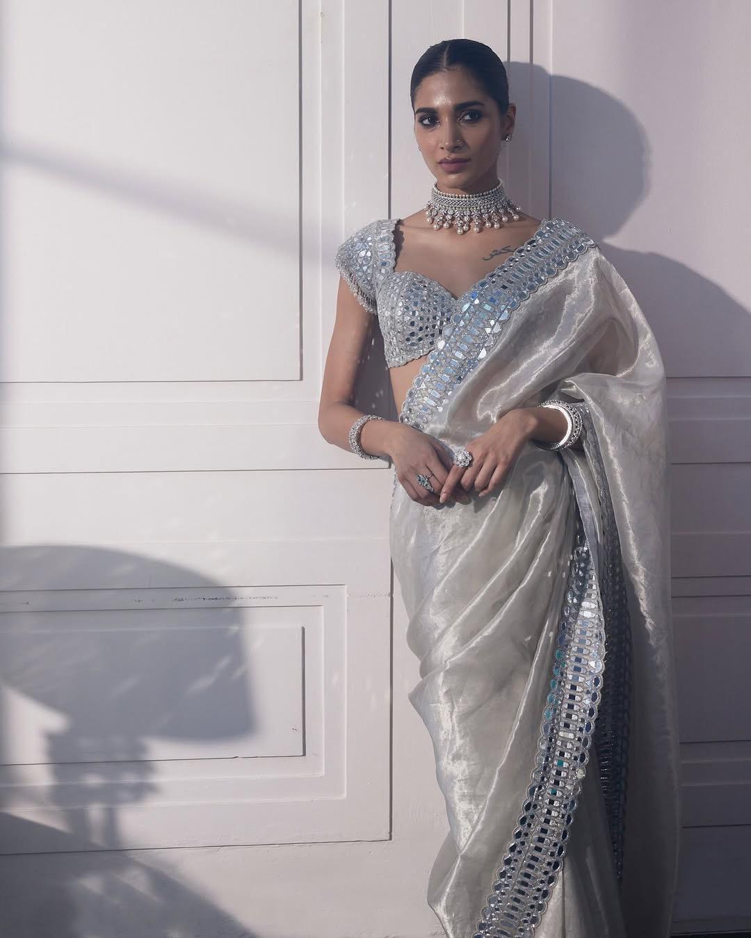 Elegant Soft Satin Organza Saree with Real Mirror Work Embroidery & Stitched Blouse | The Sareen