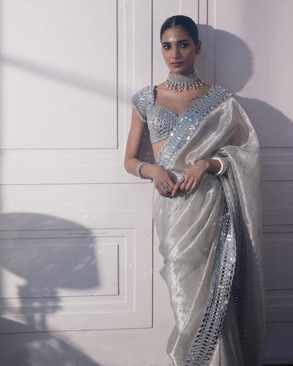 Elegant Soft Satin Organza Saree with Real Mirror Work Embroidery & Stitched Blouse | The Sareen
