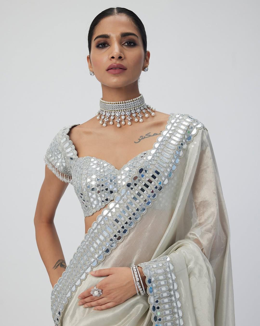 Elegant Soft Satin Organza Saree with Real Mirror Work Embroidery & Stitched Blouse | The Sareen