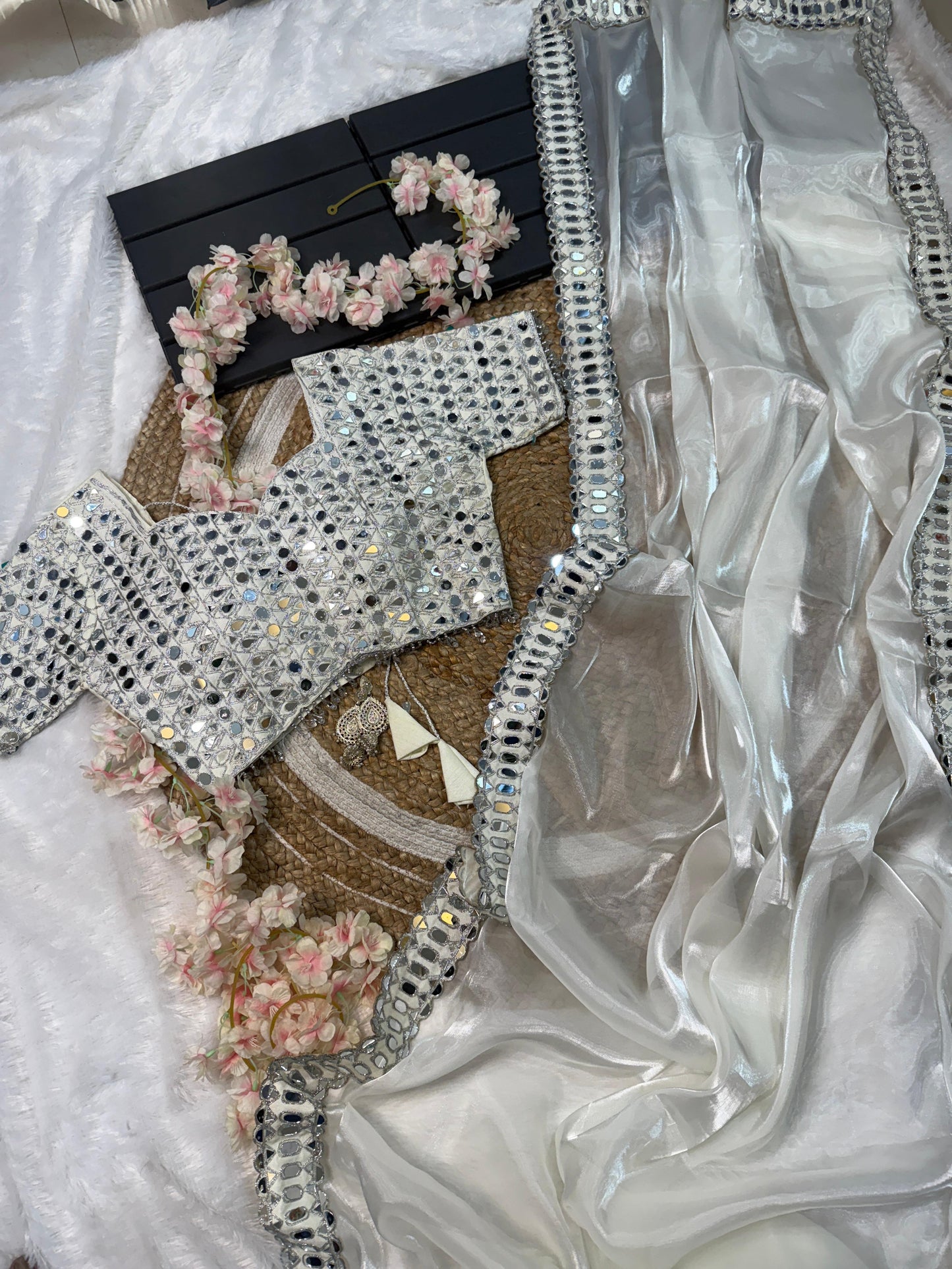 Elegant Soft Satin Organza Saree with Real Mirror Work Embroidery & Stitched Blouse | The Sareen