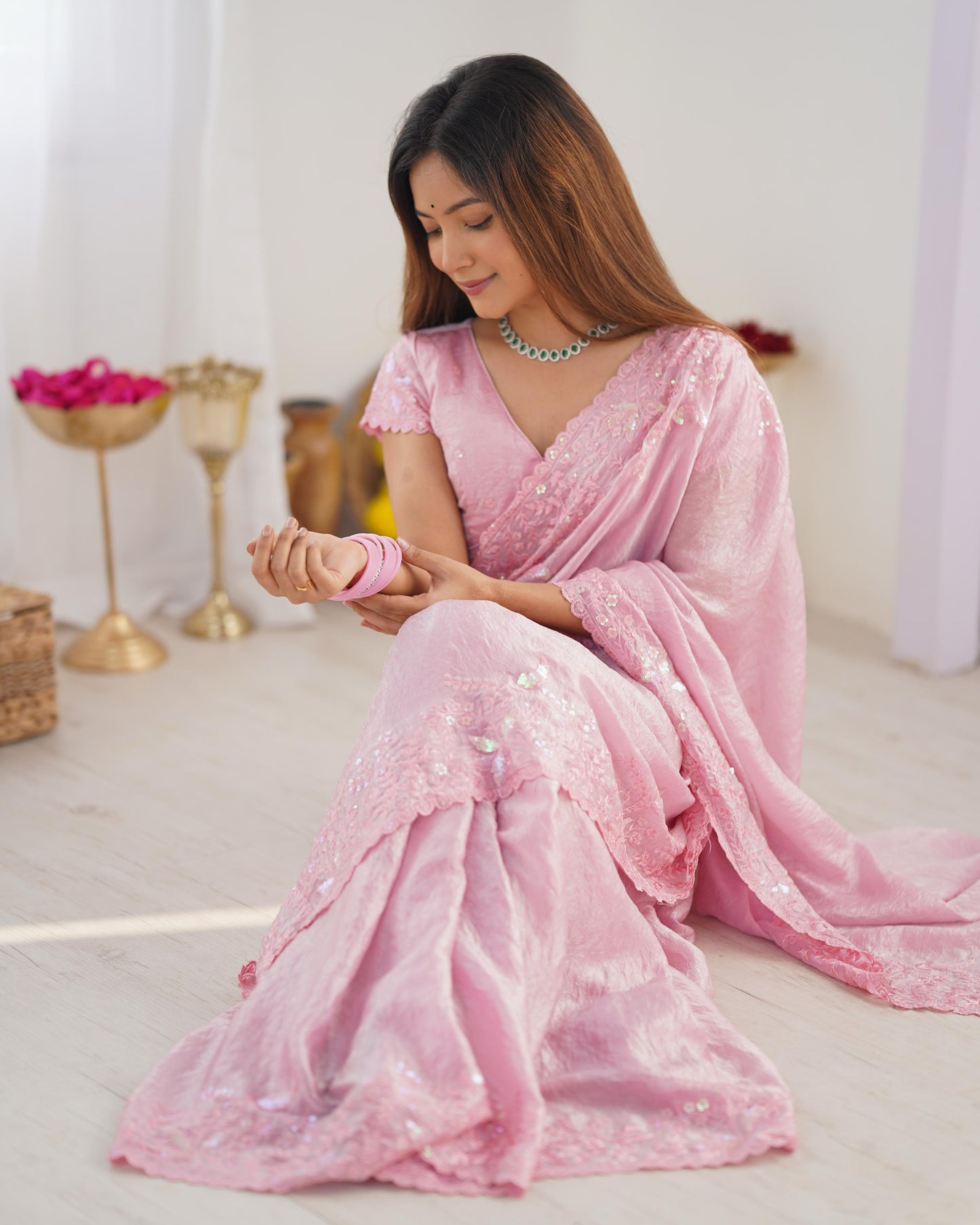 Premium Crushed Tissue Silk Saree with Lucknowi Thread & Sequin Work – Festive Special | The Sareen