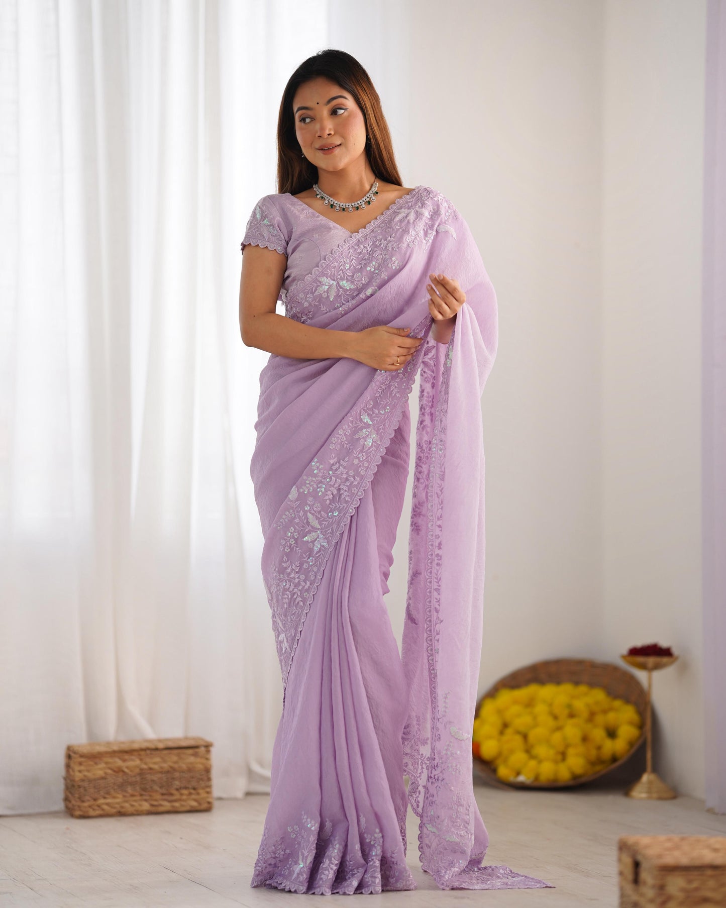 Premium Crushed Tissue Silk Saree with Lucknowi Thread & Sequin Work – Festive Special | The Sareen