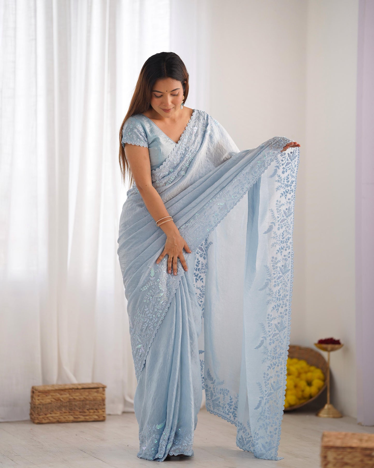 Premium Crushed Tissue Silk Saree with Lucknowi Thread & Sequin Work – Festive Special | The Sareen