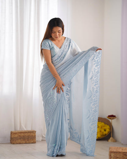 Premium Crushed Tissue Silk Saree with Lucknowi Thread & Sequin Work – Festive Special | The Sareen