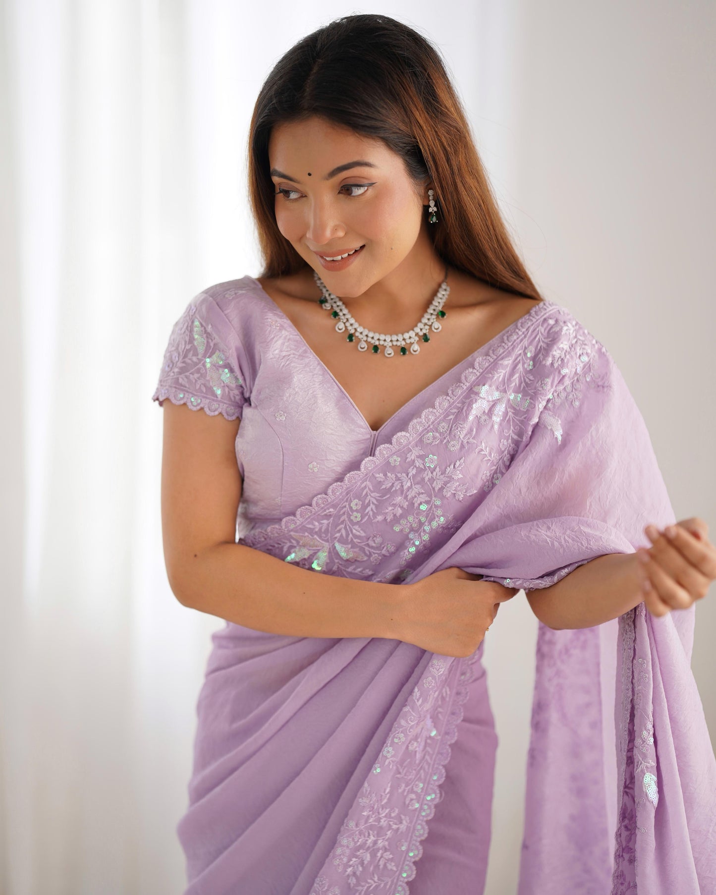 Premium Crushed Tissue Silk Saree with Lucknowi Thread & Sequin Work – Festive Special | The Sareen