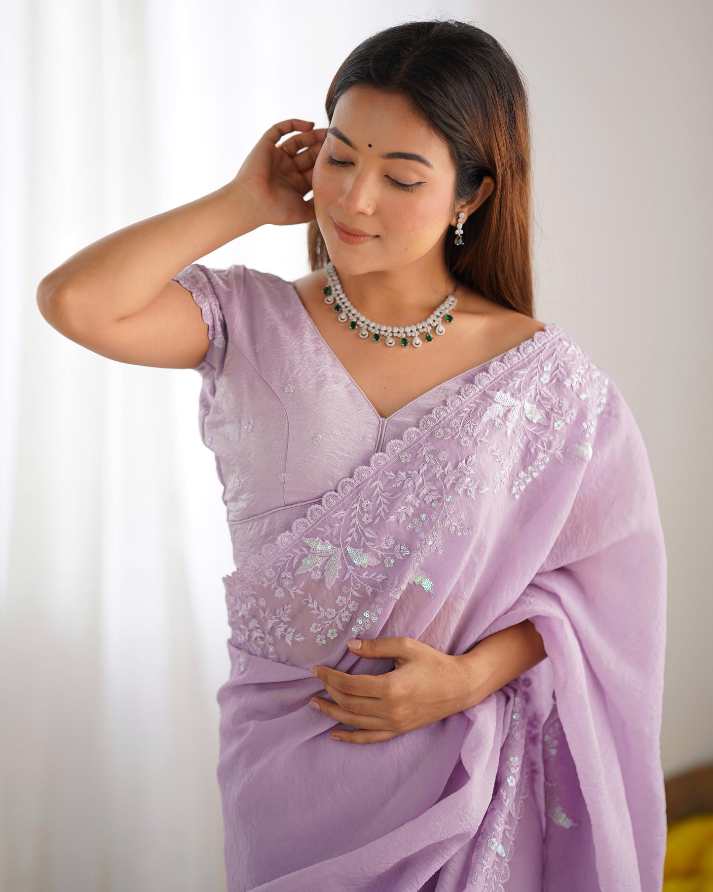 Premium Crushed Tissue Silk Saree with Lucknowi Thread & Sequin Work – Festive Special | The Sareen