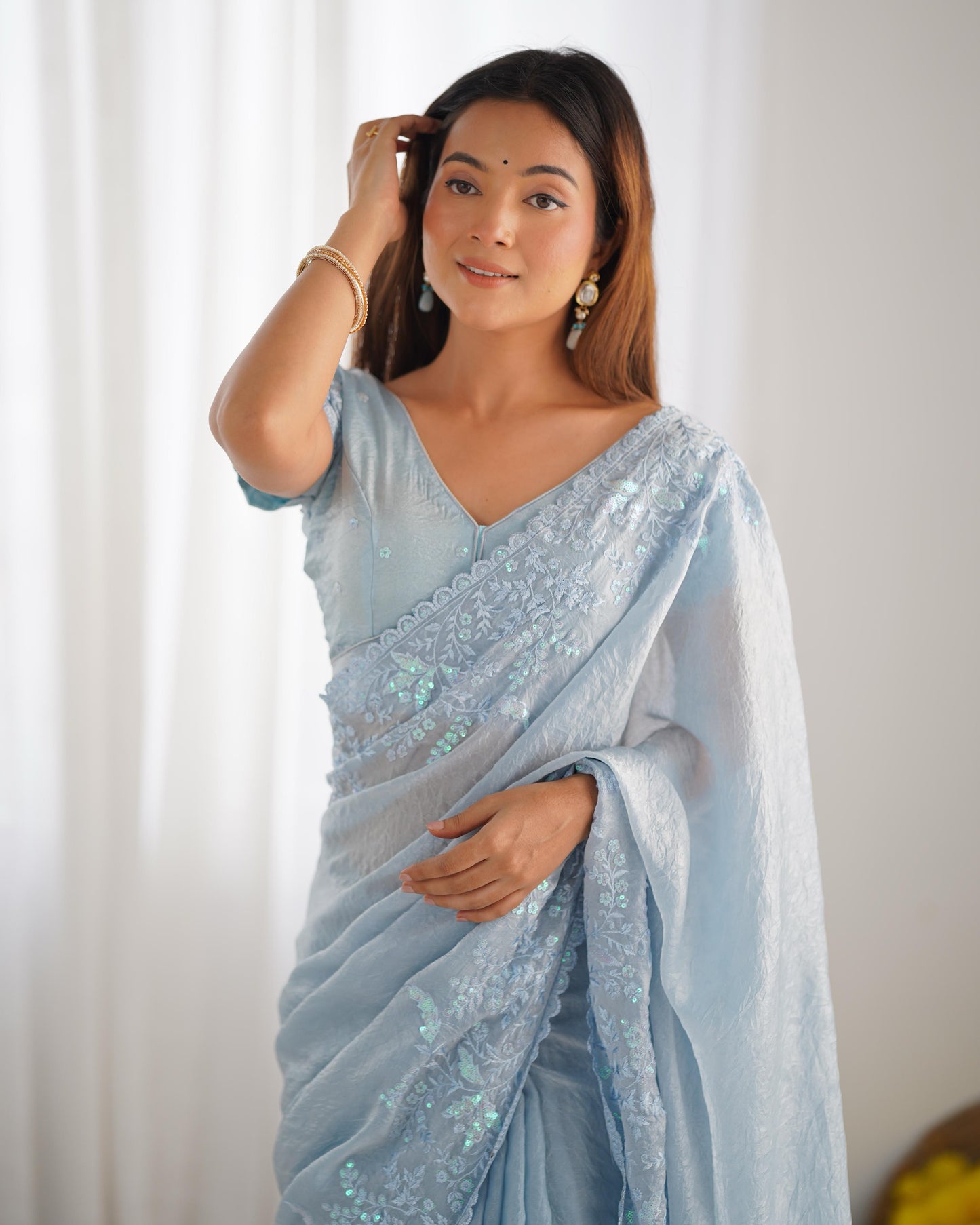 Premium Crushed Tissue Silk Saree with Lucknowi Thread & Sequin Work – Festive Special | The Sareen