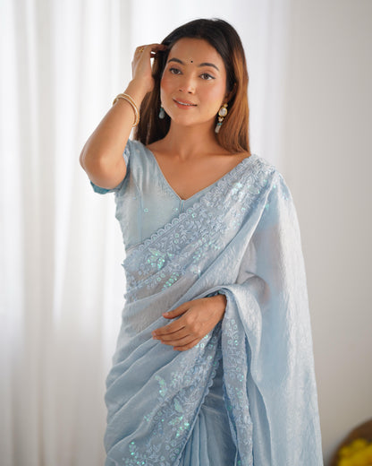 Premium Crushed Tissue Silk Saree with Lucknowi Thread & Sequin Work – Festive Special | The Sareen