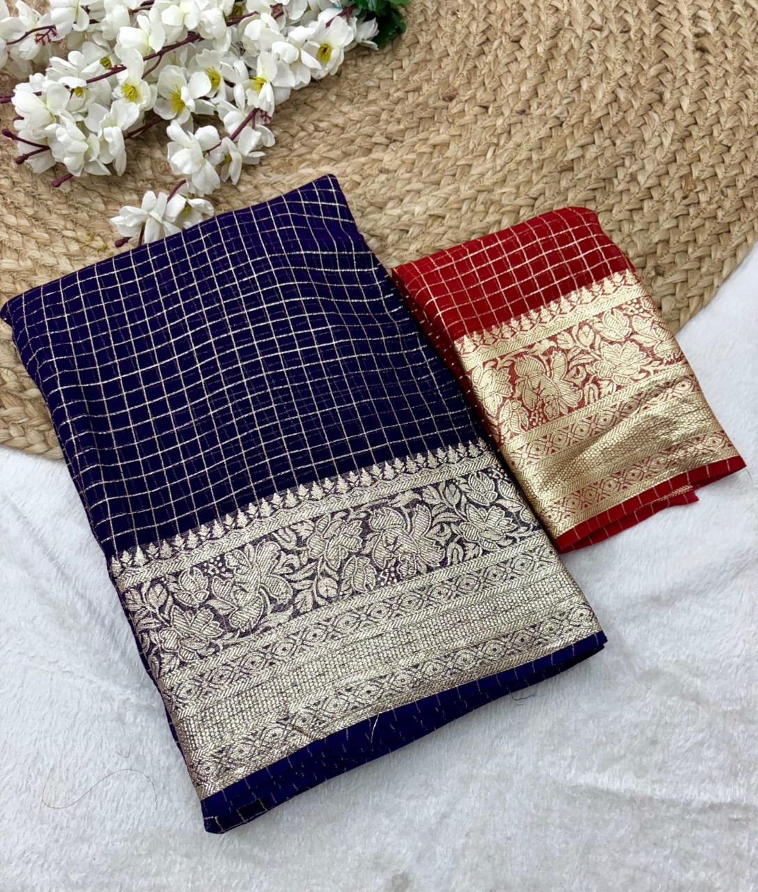 New Arrival | Pure Viscose Georgette Jacquard Saree – Elegant Checks Weave with Contrast Blouse | The Sareen
