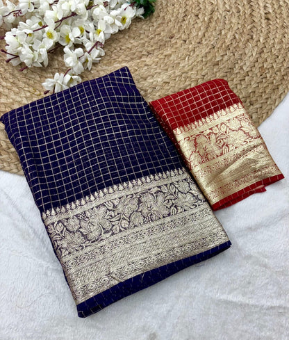 New Arrival | Pure Viscose Georgette Jacquard Saree – Elegant Checks Weave with Contrast Blouse | The Sareen